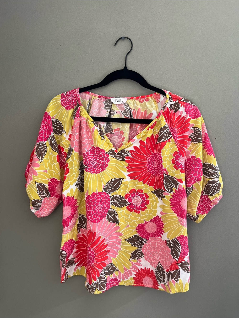 Emily Wonder Bright Floral V-Neck Women’s Top 100% Rayon Colorful Blouse Summer